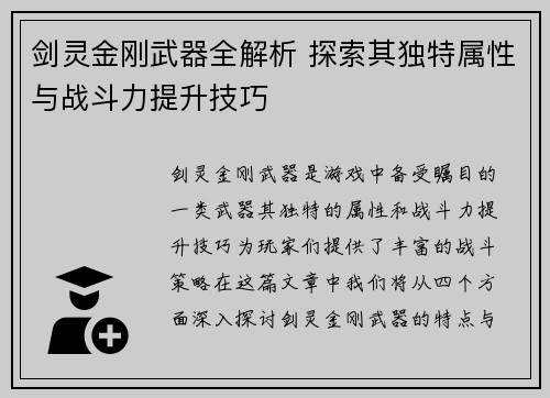 剑灵金刚武器全解析 探索其独特属性与战斗力提升技巧